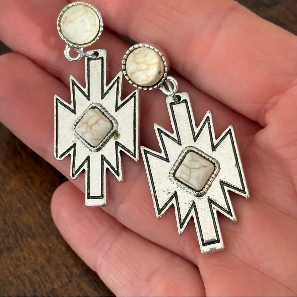 Faux White Buffalo Turquoise Earrings – Western & Aztec Style, Silver Tone